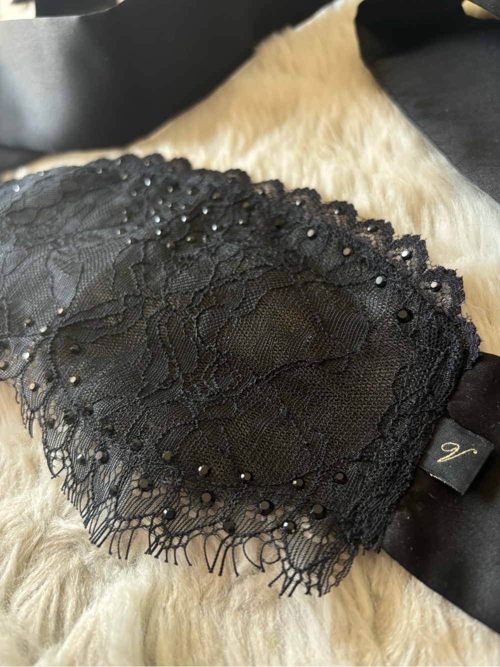 Victoria’s Secret Black Lace Rhinestone Lingerie Sexy Blindfold with Satin Ties - Picture 3 of 4